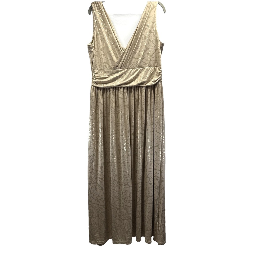 Esprlia Women's Maxi Dress‎ Size 1X Plus Beige Gold Embossed Stretch Pullover